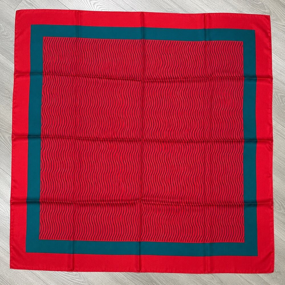 Symmetry 100% Silk Square Scarf Red Teal Striped 36” x 36”